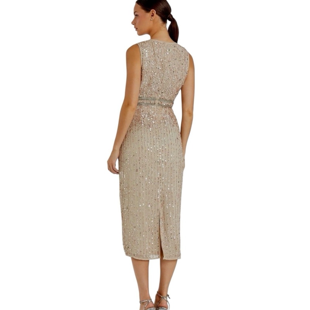 Mac Duggal 10509 Sleeveless High Neck Beaded Midi Sheath Dress Nude Size 10 NWT - Picture 3 of 8